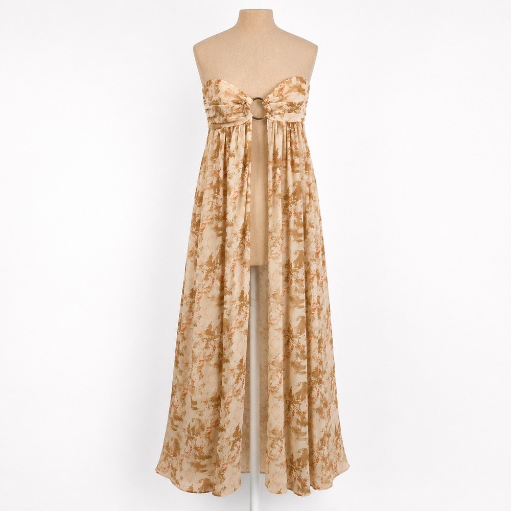Y2K Abstract Floral Open Front Strapless Maxi Dress Sz S Tan Chiffon Fairy Layer